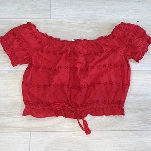 red off the shoulder shirt